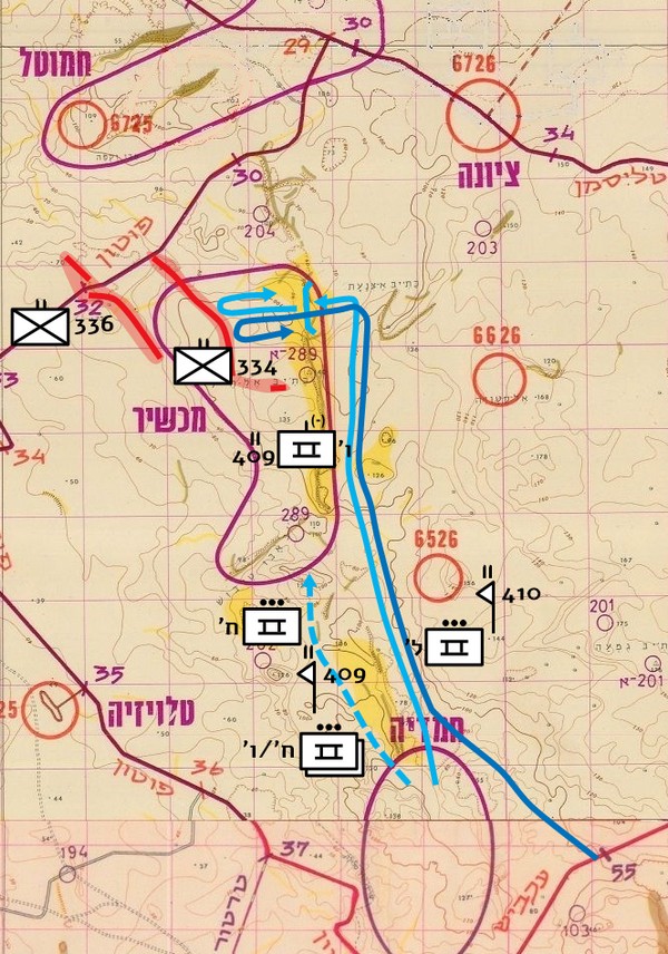 איור מס’ 30 – חטיבה 600 : פעילות כוח מג”ד 410 והתקפת פלוגה ו’/409 בבוקר 10.10 ופעילות גדוד 409 בערב ה-10.10
