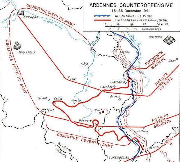 תכנית מתקפת Wacht am Rhein בקו אדום עבה - הבליטה - הקו המכסימלי שאליו הגיעו הכוחות הגרמנים
