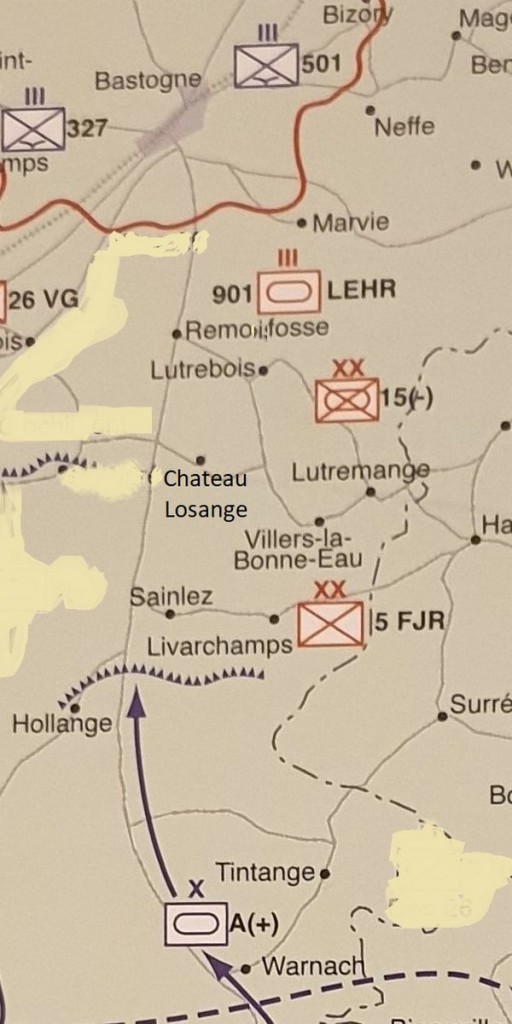 מסלול הקרבות של CCA על ציר מרטלנז'-באסטון, מדרום לצפון : ורנך - טינטנז' - הולנז' - סיינלה - שאטו לוסאנז' - רמואפוס - חבירה לבאסטון - לוטרבואה