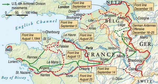 מסלול הקרבות של הדיביזיה בצרפת ושינוי המשימה לארדנים - מסלול הדיביזיה מסומן בירוק